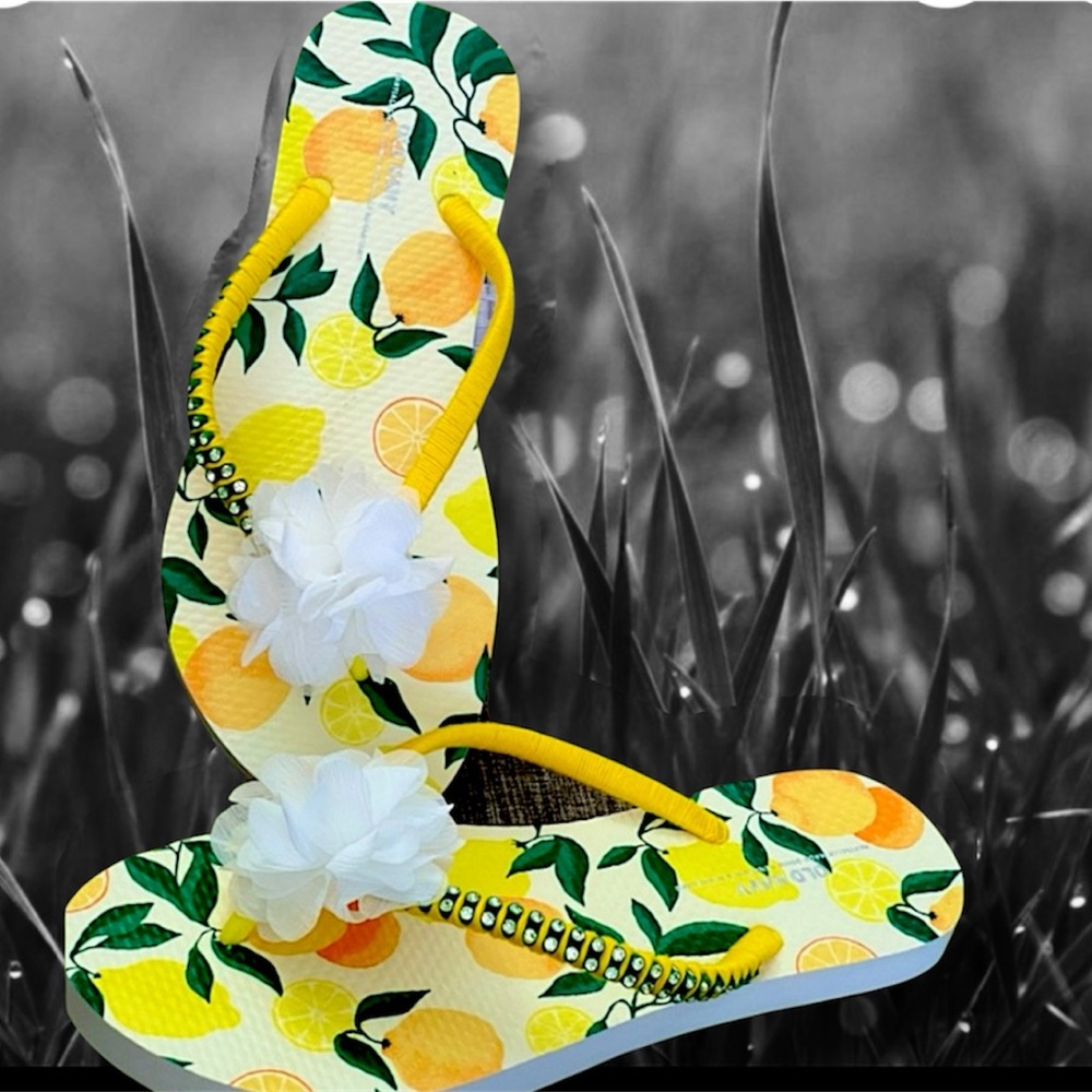 Women Lemon Beach Flip Flops, tropical Sandals, Crystal Trimmings, Flower Shoes